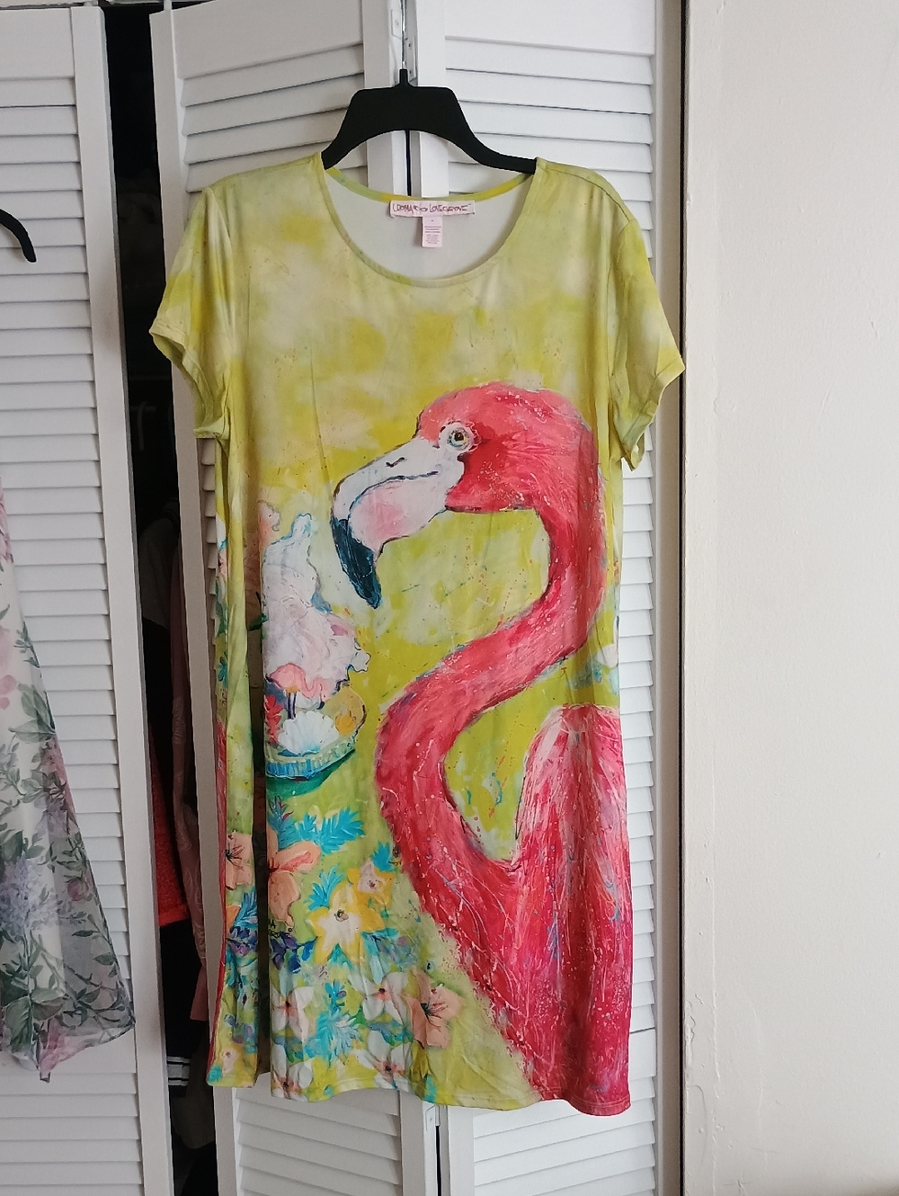 Vintage Leoma Lovegrove Bright Flamingo Graphic Tunic Dress - Pink & Lime
